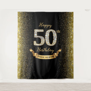 Diamond Black and Gold 50th Birthday Backdrop Tapestry