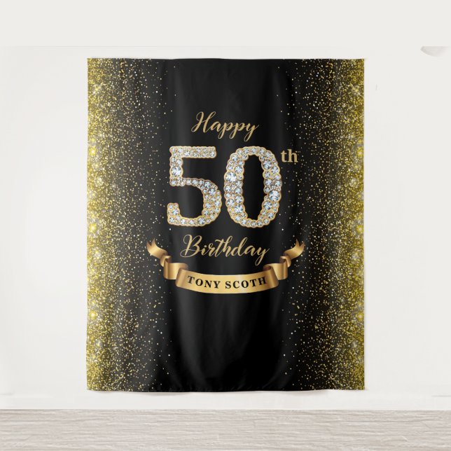 Diamond Black and Gold 50th Birthday Backdrop Tapestry (Front)