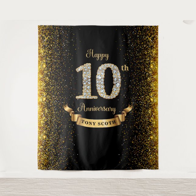 Diamond Black and Gold Anniversary Backdrop Tapestry (Front)