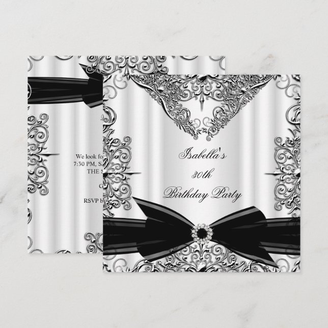 Diamond Black Bow Silver Birthday Party Invitation (Front/Back)