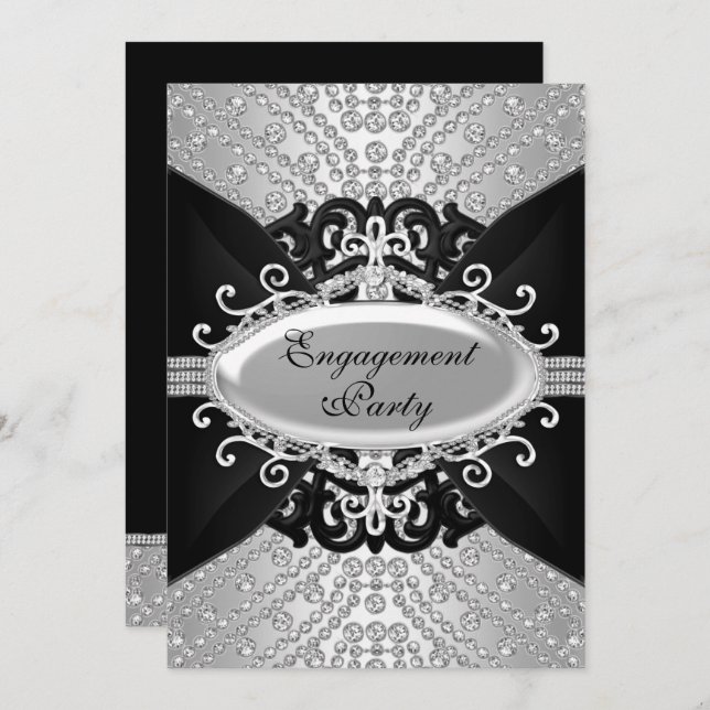 Diamond Black & Silver Engagement Party Invite (Front/Back)