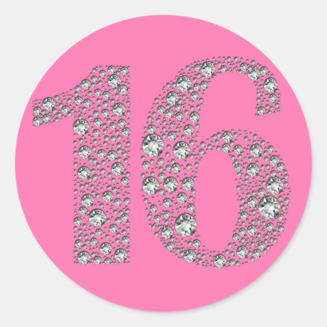 Diamond Bling 16 Sixteen Birthday Party Favour Classic Round Sticker (Front)