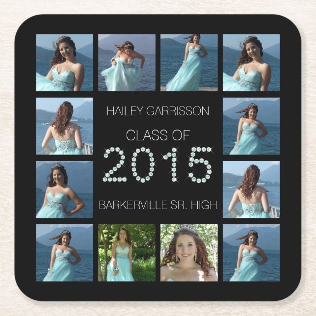 Diamond Bling 2015 Graduation 12 Photos Square Paper Coaster (Front)