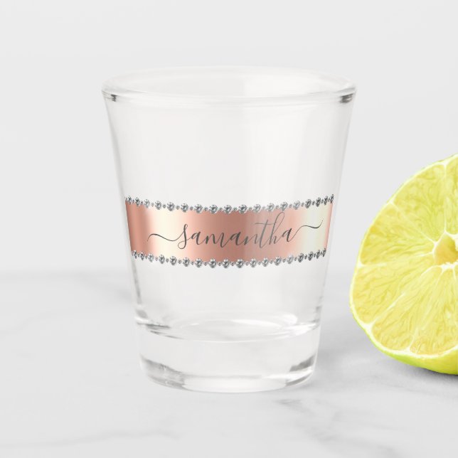 Diamond Bling  Calligraphy Name Rose Gold  Shot Glass (Front)
