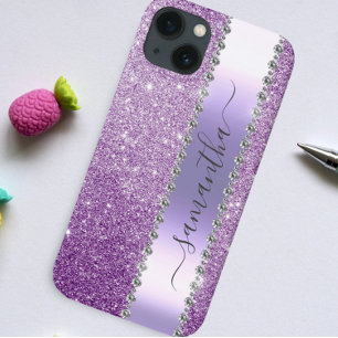 Diamond Bling Glitter Calligraphy Name Purple iPhone 14 Case