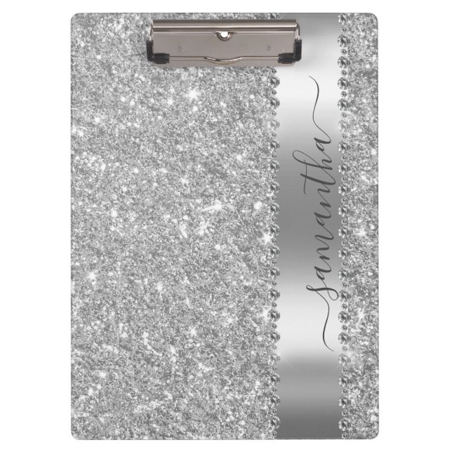 Diamond Bling Glitter Calligraphy Name Rose Gold  Clipboard (Front)