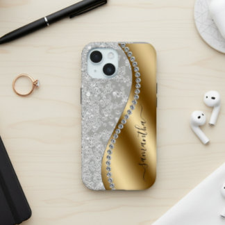 Diamond Bling Gold Metal Personalised Script  iPhone 15 Case