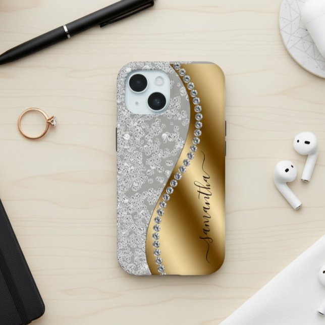 Diamond Bling Gold Metal Personalised Script  iPhone 15 Case (Creator Uploaded)
