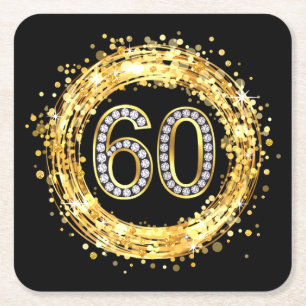 Diamond Bling Number 60 Glitter Confetti gold Square Paper Coaster