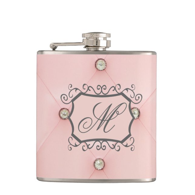 Diamond Bling Pink Tufted Monogram Whiskey Flask (Front)