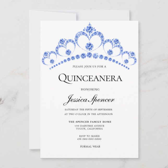 Diamond Blue Glitter Tiara Quinceanera Invite (Front)