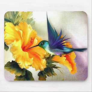 Diamond Blue Hummingbird and Flower Fine Art Mouse Mat