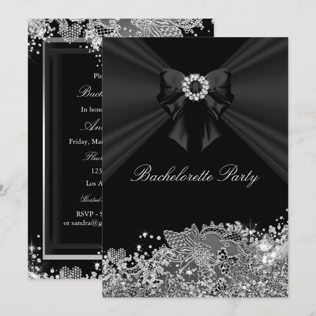 Diamond Bow black Lace Bachelorette Party Invite (Front/Back)