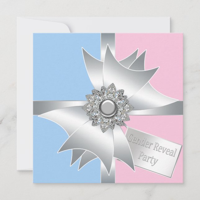 Diamond Bow Elegant Pink Blue Gender Reveal Invitation (Front)