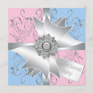 Diamond Bow Elegant Pink Blue Gender Reveal Party Invitation