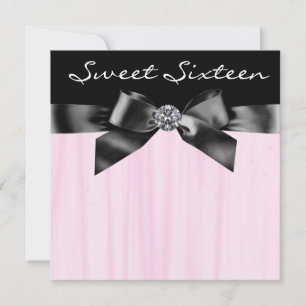Diamond Bow Pink Black Sweet Sixteen Birthday Part Invitation