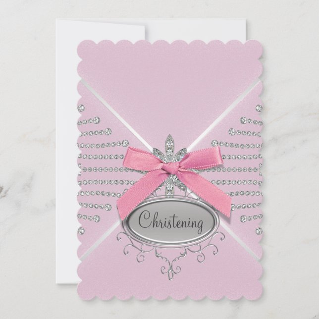 Diamond Bow Pink Christening Invitation (Front)