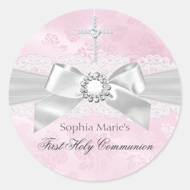 Diamond Bow Pink First Holy Communion Sticker (Front)