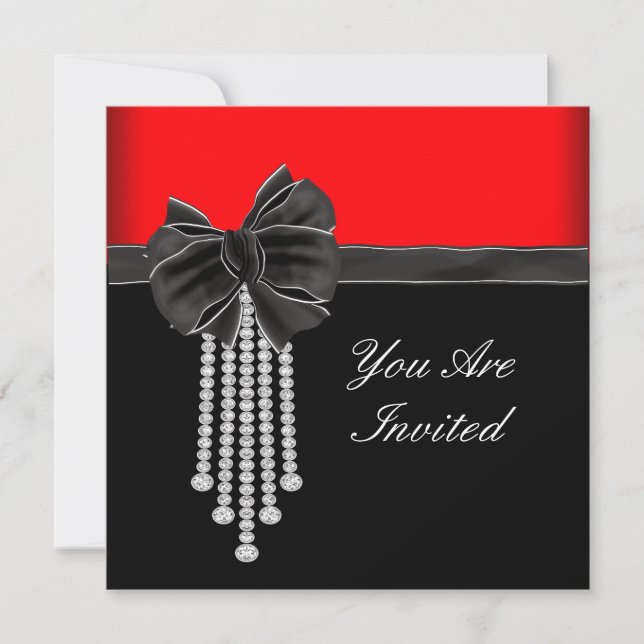 Diamond Bow Red Black Party Invitation (Front)