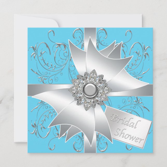 Diamond Bow Silver Teal Blue Bridal Shower Invitation (Front)