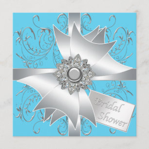 Diamond Bow Silver Teal Blue Bridal Shower Invitation