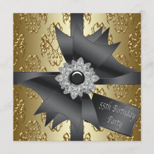 Diamond Bow Womans Black Gold 55th Birthday Party Invitation