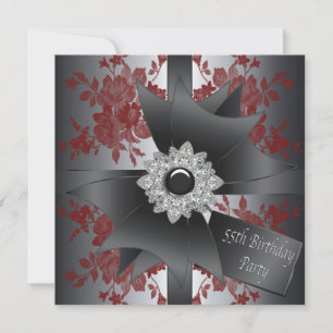 Diamond Bow Womans Red Rose 55th Birthday Party Invitation