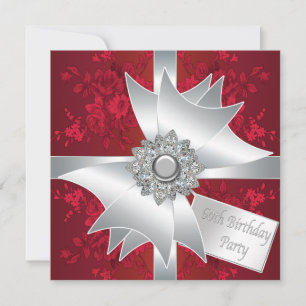 Diamond Bow Womans Red Rose 60th Birthday Party Invitation