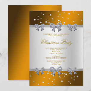 Diamond Bows & Pearls Gold Christmas Invitation