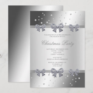 Diamond Bows & Pearls Silver Christmas Invitation