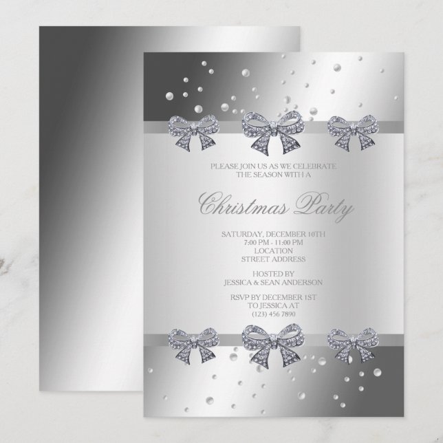 Diamond Bows & Pearls Silver Christmas Invitation (Front/Back)