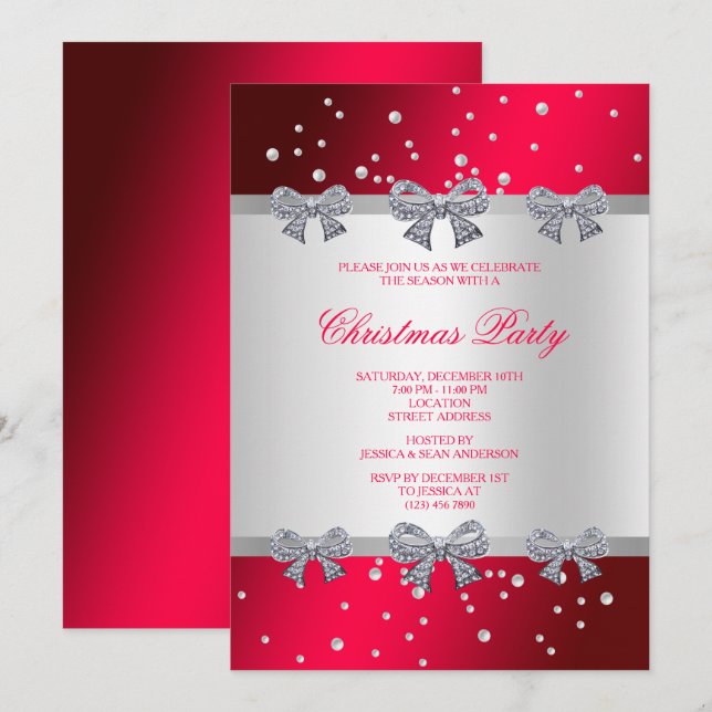 Diamond Bows & Silver Pearls Christmas Invitation (Front/Back)