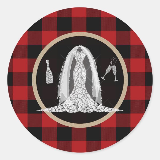 Diamond Bridal Dress Holiday Red Buffalo Plaid Classic Round Sticker (Front)