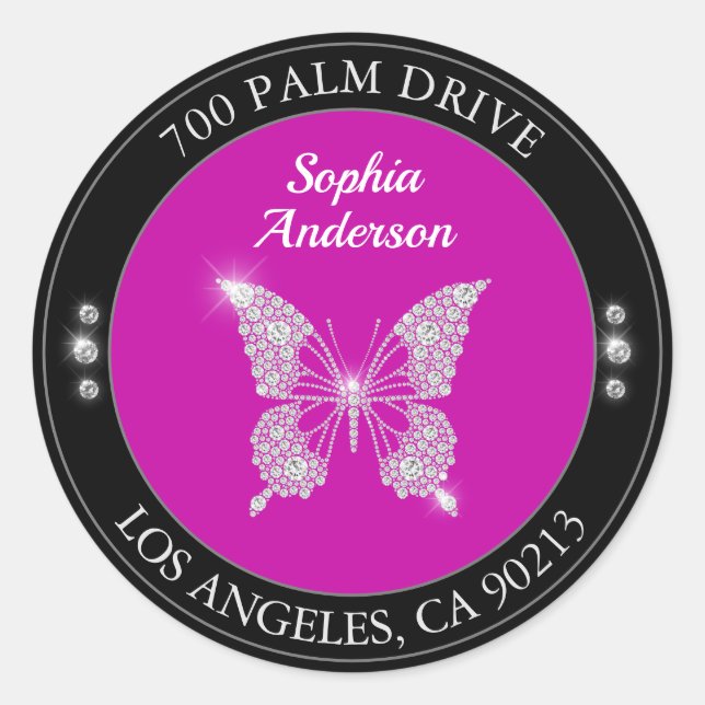 Diamond Butterfly, Black & Fuchsia Return Address Classic Round Sticker (Front)