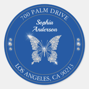 Diamond Butterfly, Deep Blue Name & Return Address Classic Round Sticker