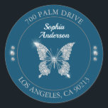 Diamond Butterfly, DIY Return Address, Ocean Blue Classic Round Sticker<br><div class="desc">Personalise this diamond butterfly return address sticker with your name and address on ocean blue background and one grey circle with grey text. Click “Customise” to change colours and type styles.</div>