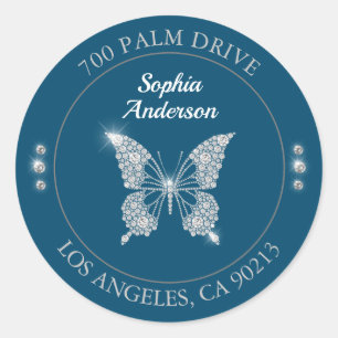 Diamond Butterfly, DIY Return Address, Ocean Blue Classic Round Sticker