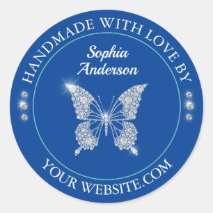 Diamond Butterfly, Handmade With Love, Deep Blue Classic Round Sticker