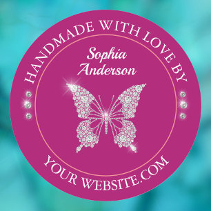 Diamond Butterfly, Handmade With Love Deep Fuchsia Classic Round Sticker