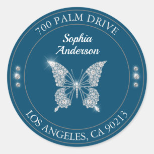 Diamond Butterfly Ocean Blue Name & Return Address Classic Round Sticker
