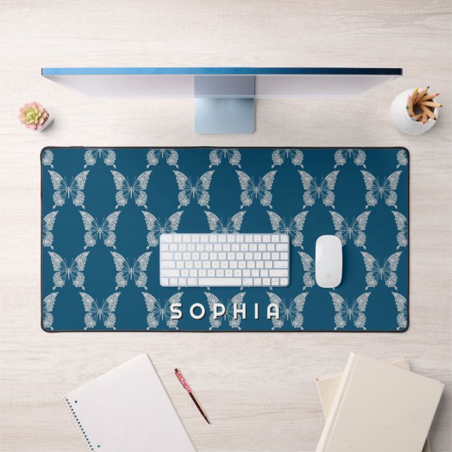 Diamond Butterfly Pattern, Bold Name on Ocean Blue Desk Mat (Office 1)