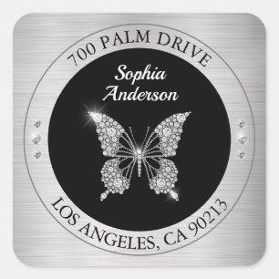 Diamond Butterfly, Silver Metal DIY Return Address Square Sticker