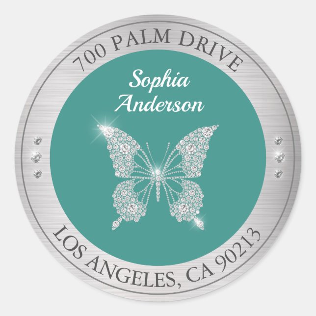 Diamond Butterfly, Silver Metal Return Address Classic Round Sticker (Front)