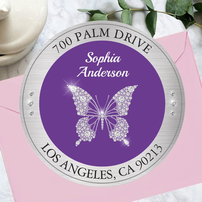 Diamond Butterfly, Silver Metal Return Address Classic Round Sticker (Creator Uploaded)
