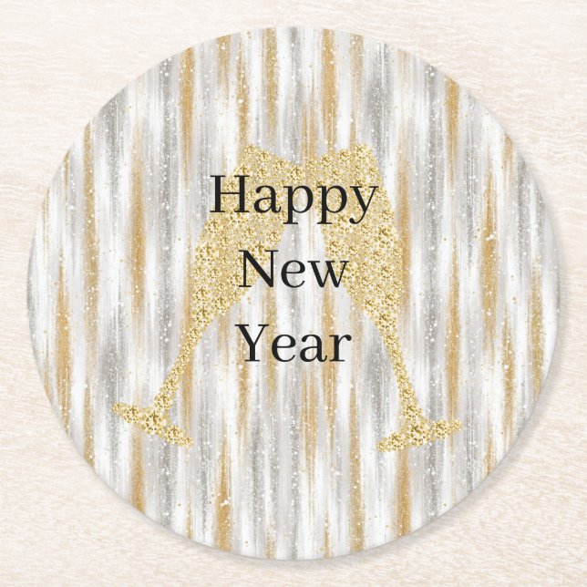 Diamond Champagne Glass Happy New Year Silver Gold Round Paper Coaster (Front)