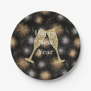 Diamond Champagne Happy New Year Black Fireworks Paper Plate