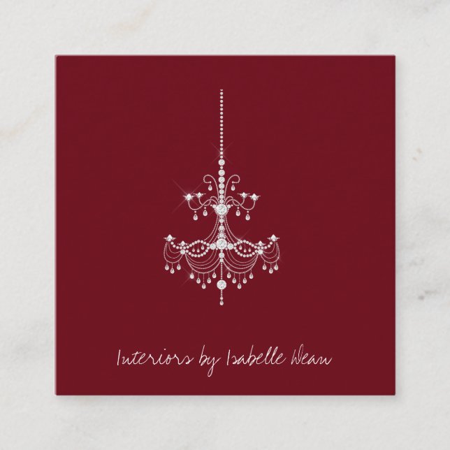 Diamond chandelier on burgundy designer square business card (Front)