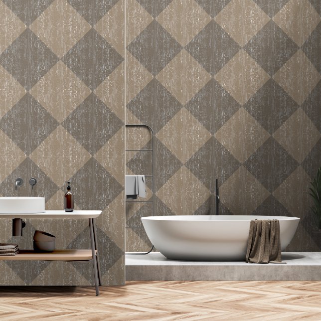 Diamond Check Crackle Texture Beige And Taupe Wallpaper (Bathroom)