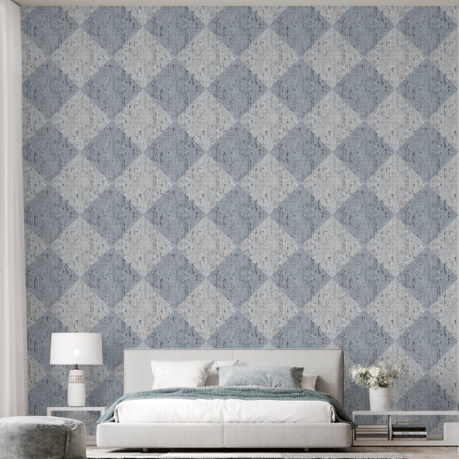 Diamond Check Crackle Texture White and Blue Wallpaper (Bedroom)