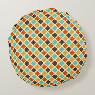 Diamond Chequered Blue Yellow Red Retro Colours Round Cushion